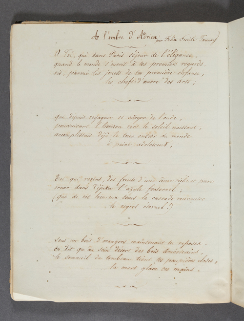 This image is a photograph of a page from a passbook. The photograph features a page in Félix-Émile Taunay’s passbook, brother of Aimé-Adrien Taunay, in which the poem “A l'ombre d 'Adrien”, or “In the shade of Adrien” is written in french. The poem is in honor of his deceased brother, manuscript in iron gall ink in all its extension.