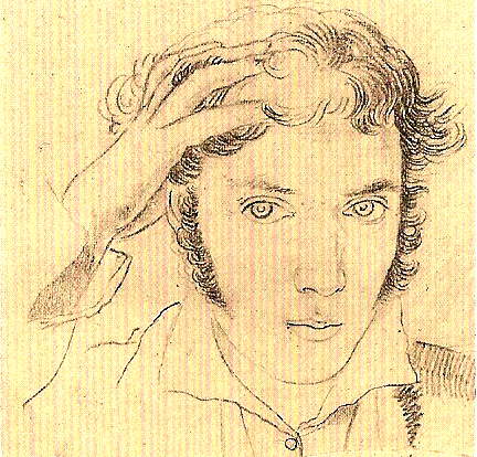 This image is a drawing. The drawing has a yellow background and a pencil self-portrait drawn by Aimé-Adrien Taunay. The artist is wearing a shirt and is drawn from the chest up. He rests his left hand on his head.