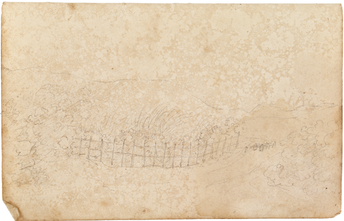This image is a page from Aimé-Adrien Taunay’s notebook. The page, in horizontal direction, presents a pencil landscape sketch. The outline resembles a rural landscape, probably around Rio de Janeiro, with a fence along a stretch of road.