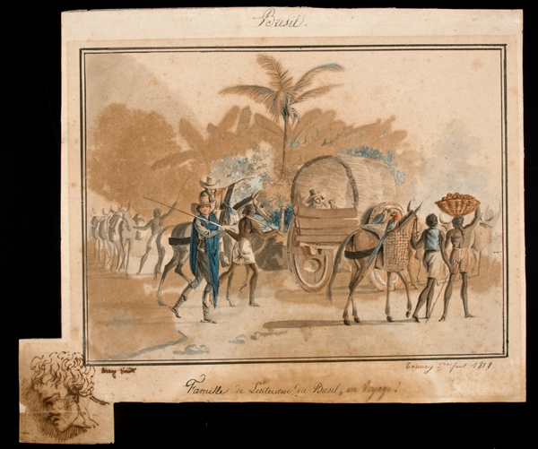 This image is a painting. Title: Famille de l’intérieur du Brésil em Voyage (Countryside’s Brazilian Family on a Trip), 1818. Autor: Aimé-Adrien Taunay. Medium and support: Watercolor on paper. The painting features a group of people and horses in landscape. There are enslaved black people, overseers, horses with cargo and an ox cart in the foreground. Some details were painted in watercolor in shades of blue and orange. The painting is framed by two thin lines. “Brésil” is written above the top frame. Below the frame’s bottom there are the title and signature. There is a detail in the lower left corner of the support outside the frame, which consists on the illustration of a human head in profile.